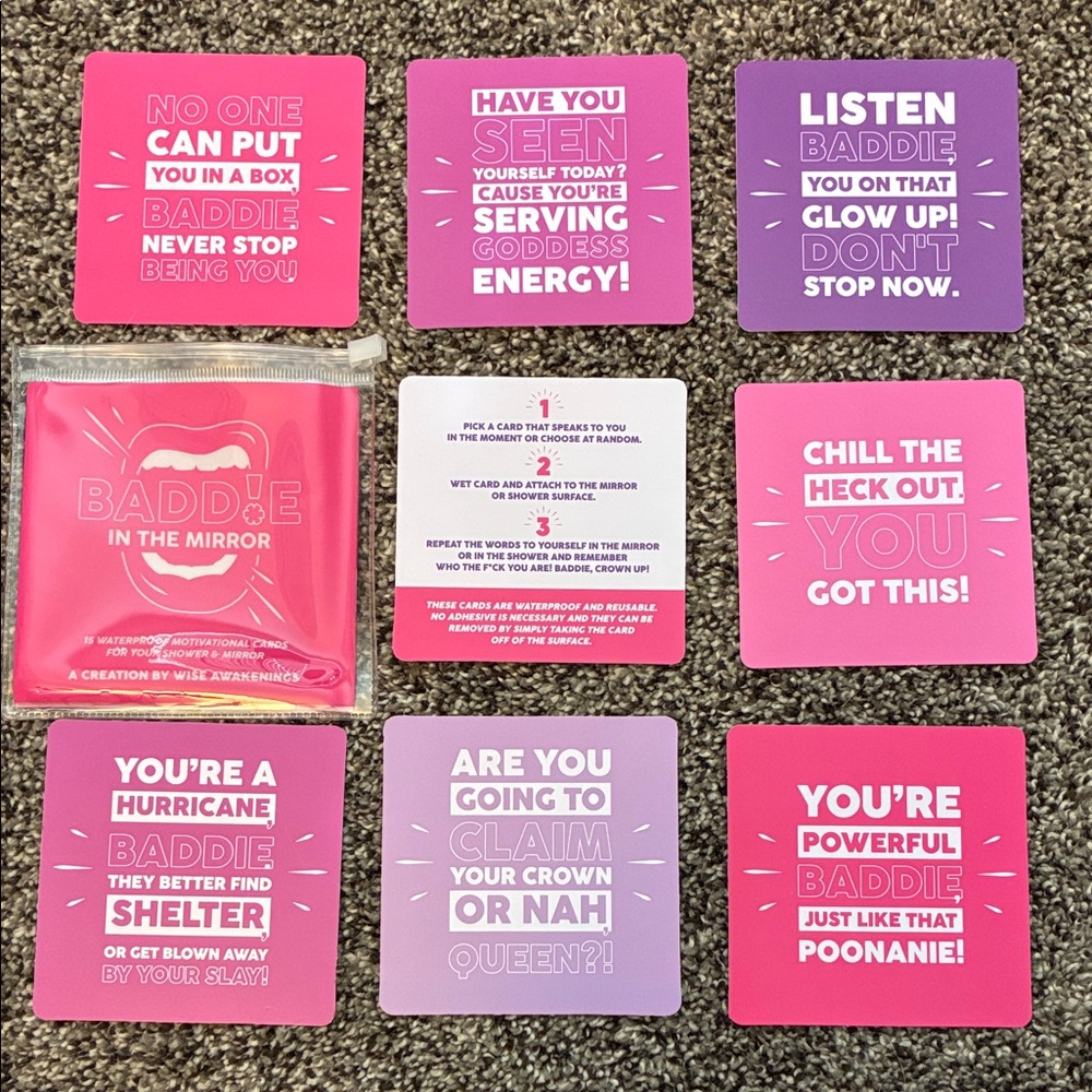 Motivational Shower and Mirror Cards Set - Waterproof, 15 cards, pink/purple